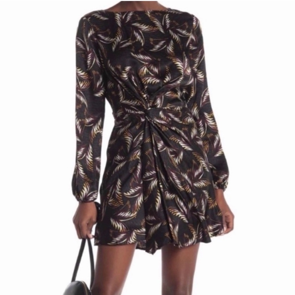 A.L.C. Freya Silk Palms Dress Black Long Sleeve Knot Front Mini Dress Size 4
